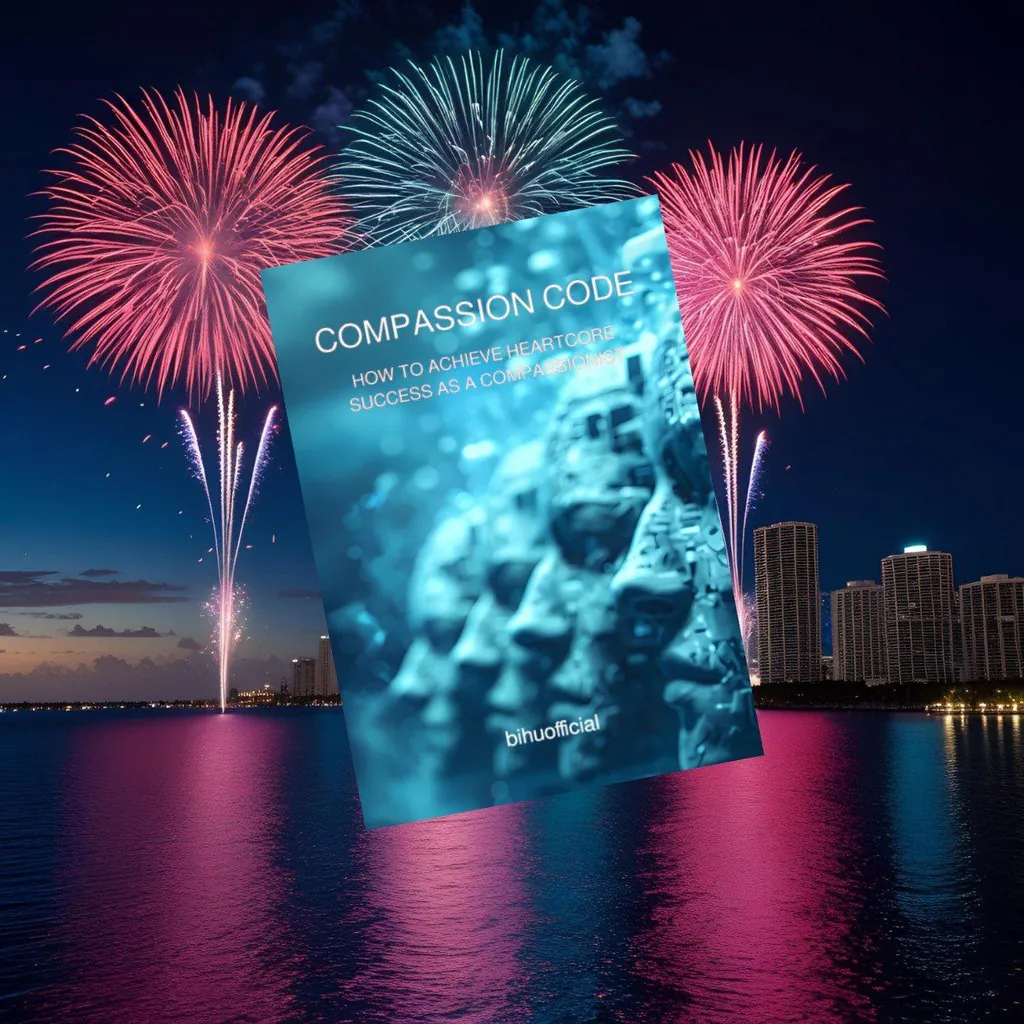 The Compassion Code book with fireworks over a city skyline
